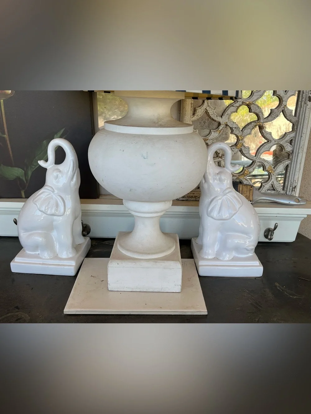 White Ceramic Elephant Bookends with Urn Accent - Decorative Home Accent